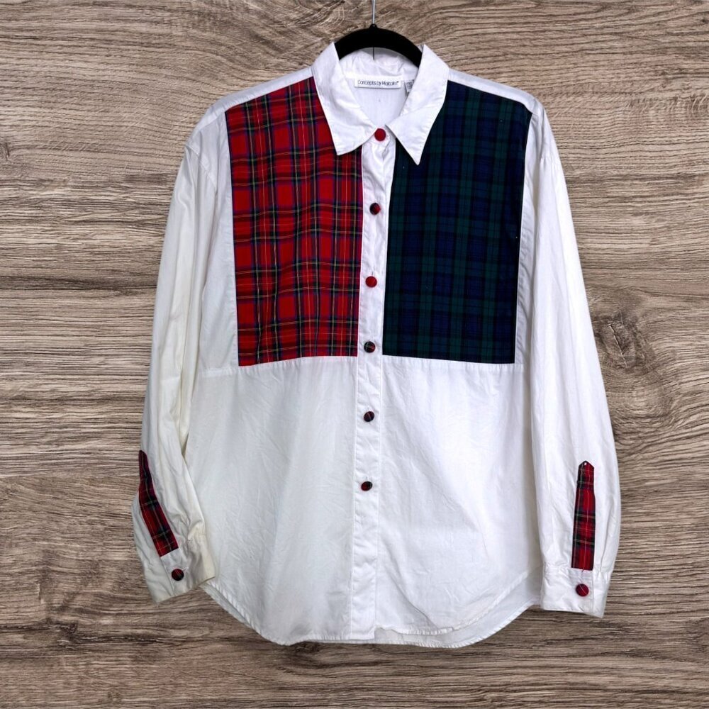 Vintage Tartan Plaid Red Green Preppy Covered Buttons White Cotton Blouse Tunic